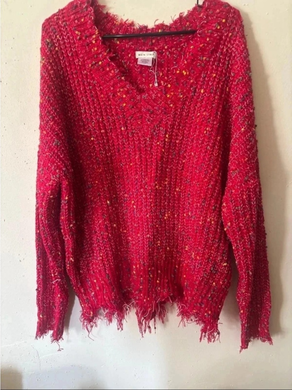 Main Strip Red Speckled V-Neck Chunky Knit Sweater